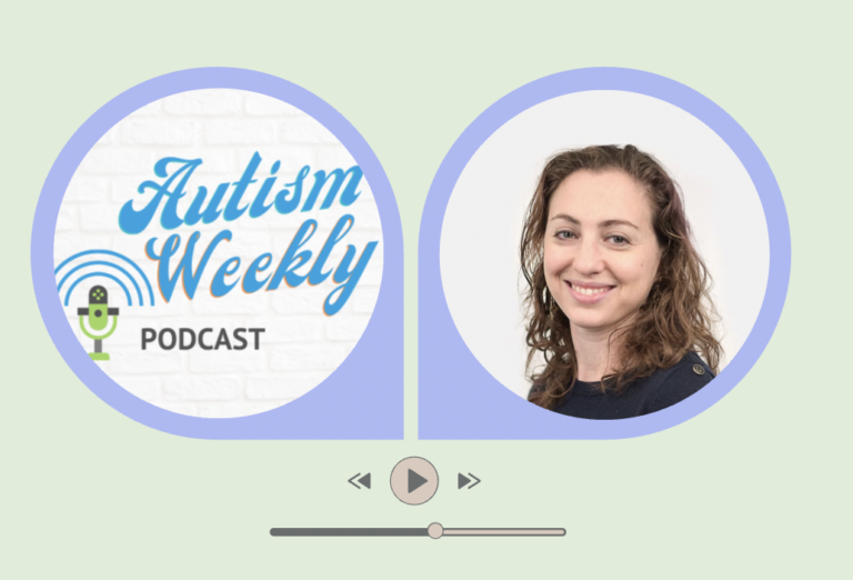 Headshot of woman in professional clothing next to logo of Autism Weekly podcast